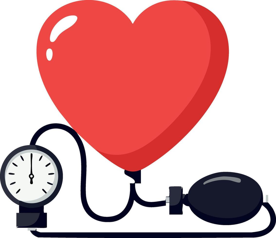 Heart-shaped blood pressure monitor with red heart balloon and black cuff for health and medical awareness illustration vector
