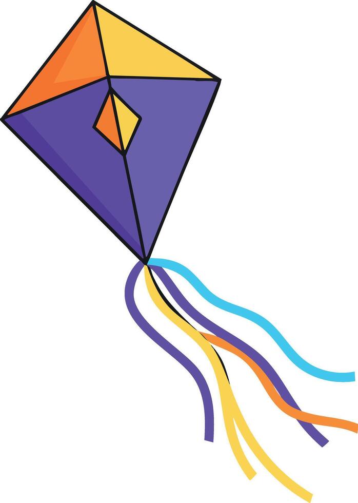 Colorful geometric kite flying with vibrant purple orange yellow and blue tails design vector