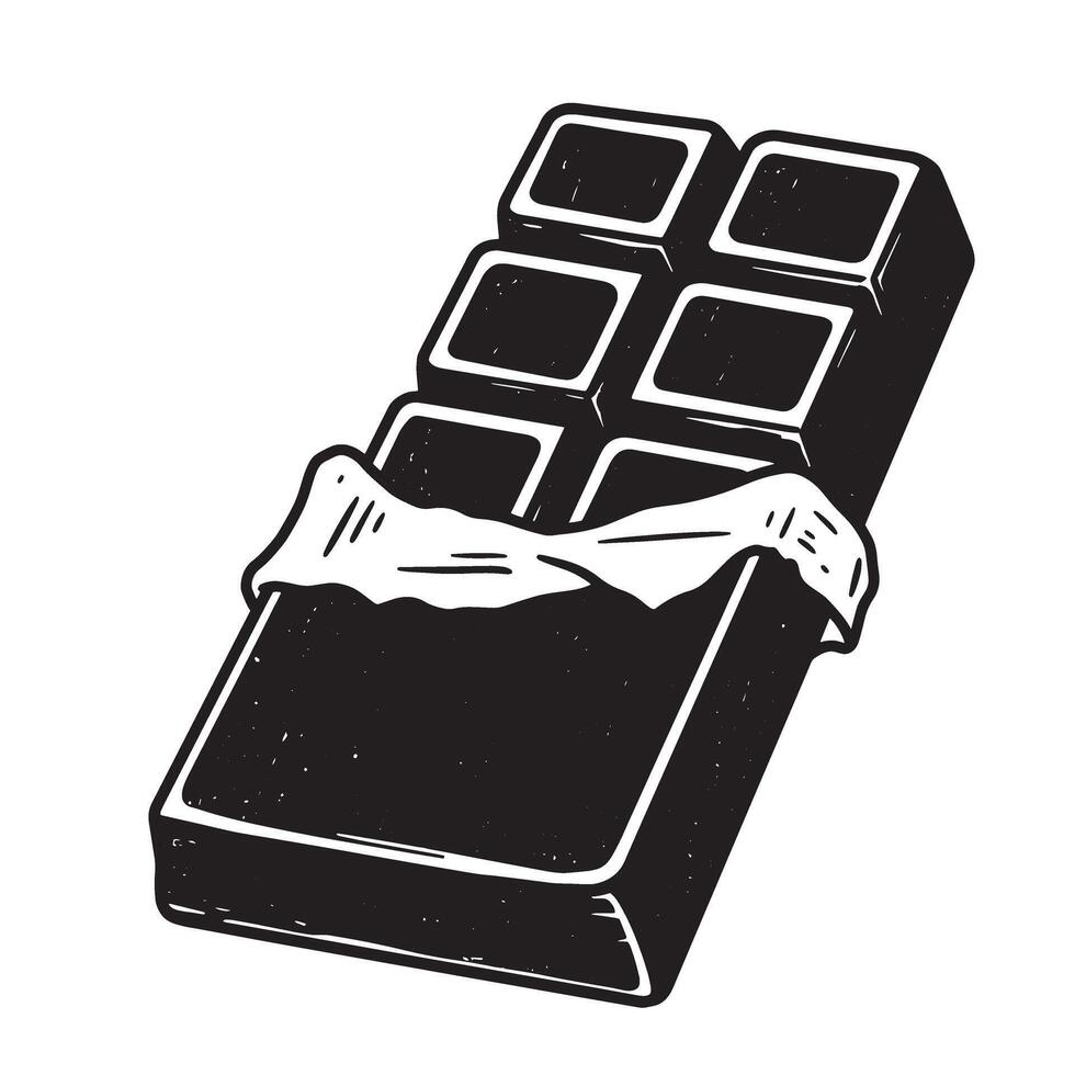A black and white vintage art silhouette illustration showcases a partially unwrapped chocolate bar with a textured aesthetic on a white background. vector