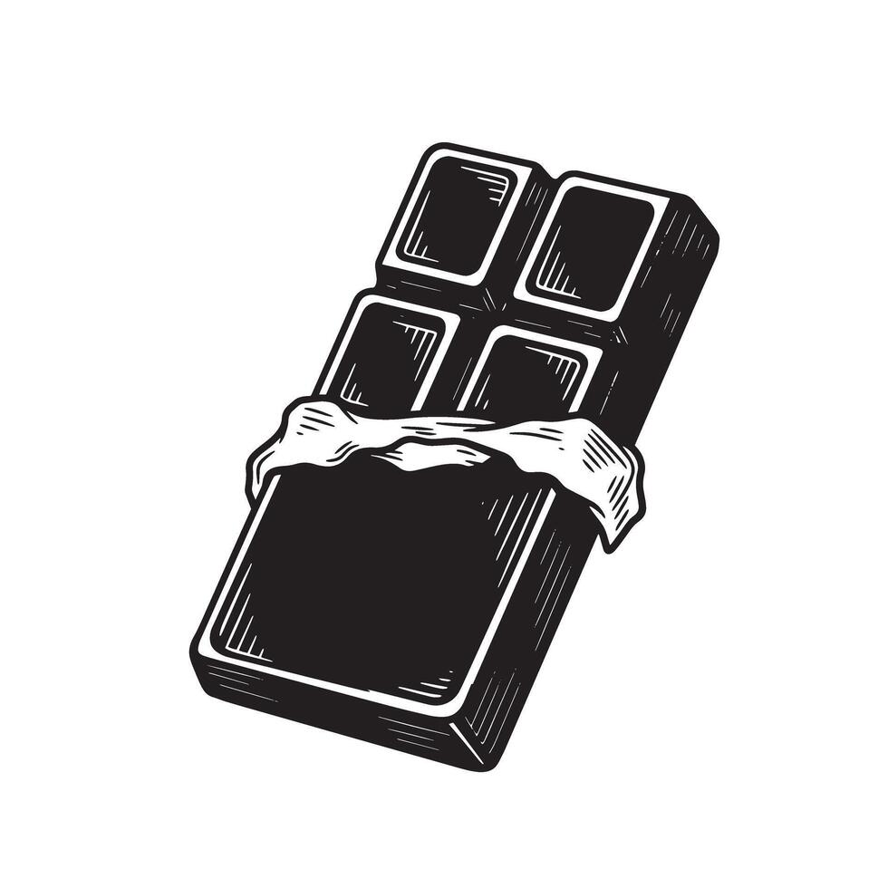 A stylized black and white vintage art silhouette of a chocolate bar with wrapper perfect for food concepts and related design projects vector