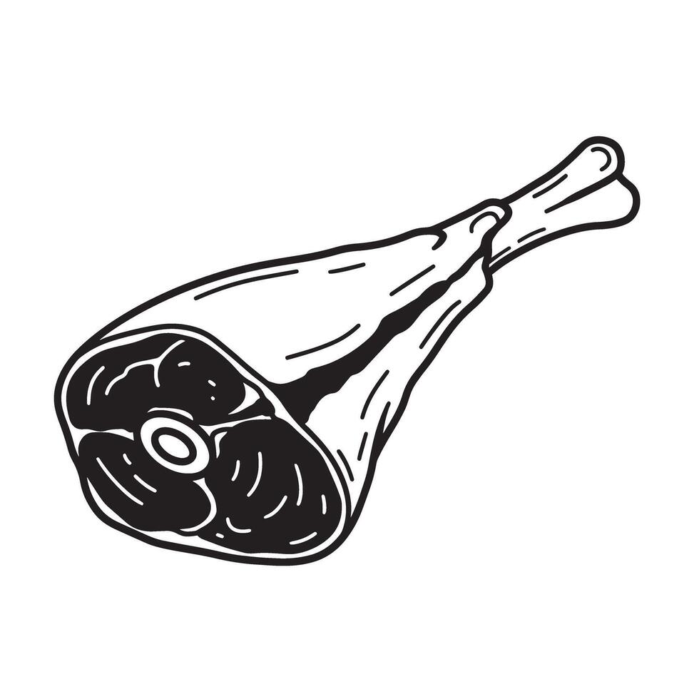 A detailed monochrome vintage art silhouette depiction of a leg of lamb cut showing the cross section meat details perfect for culinary projects. vector