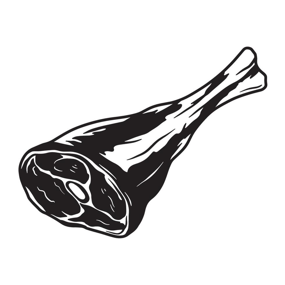 A bold black and white vintage art silhouette illustration of a raw leg of lamb perfect for butcher shops and food design projects. vector