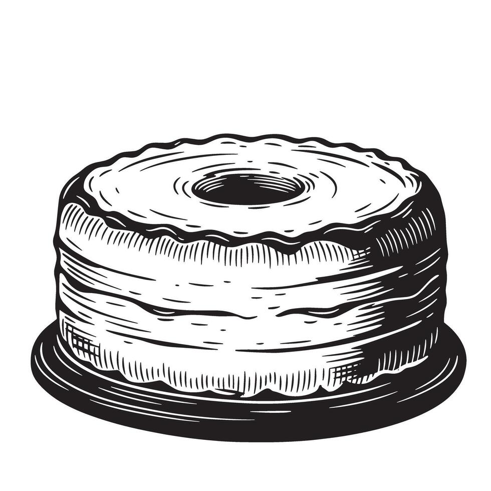 Detailed vintage art silhouette of a delicious bundt cake on a serving plate depicting culinary delight and sweet dessert vector