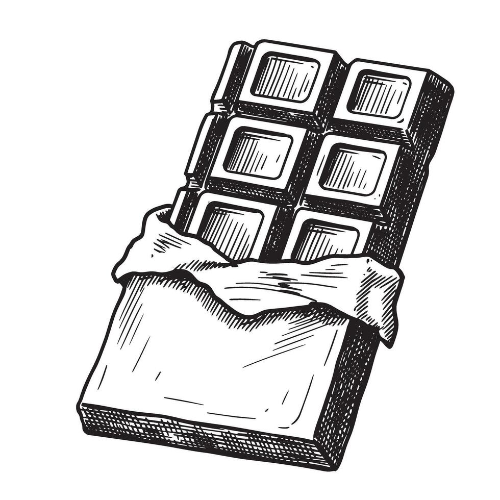 Delicious hand-drawn vintage art silhouette illustration of a chocolate bar unwrapped from its packaging ready for consumption vector