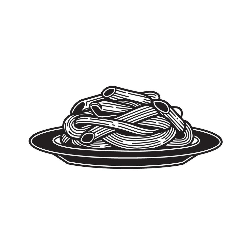 Classic italian pasta penne served on a plate a vintage art silhouette featuring delicious food in a black and white illustration vector