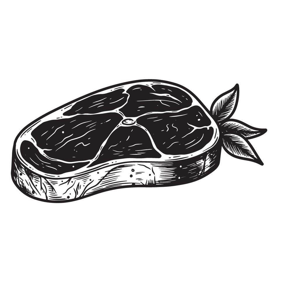 Delicious vintage art silhouette of a juicy beef steak with herbaceous garnish isolated on a white background vector