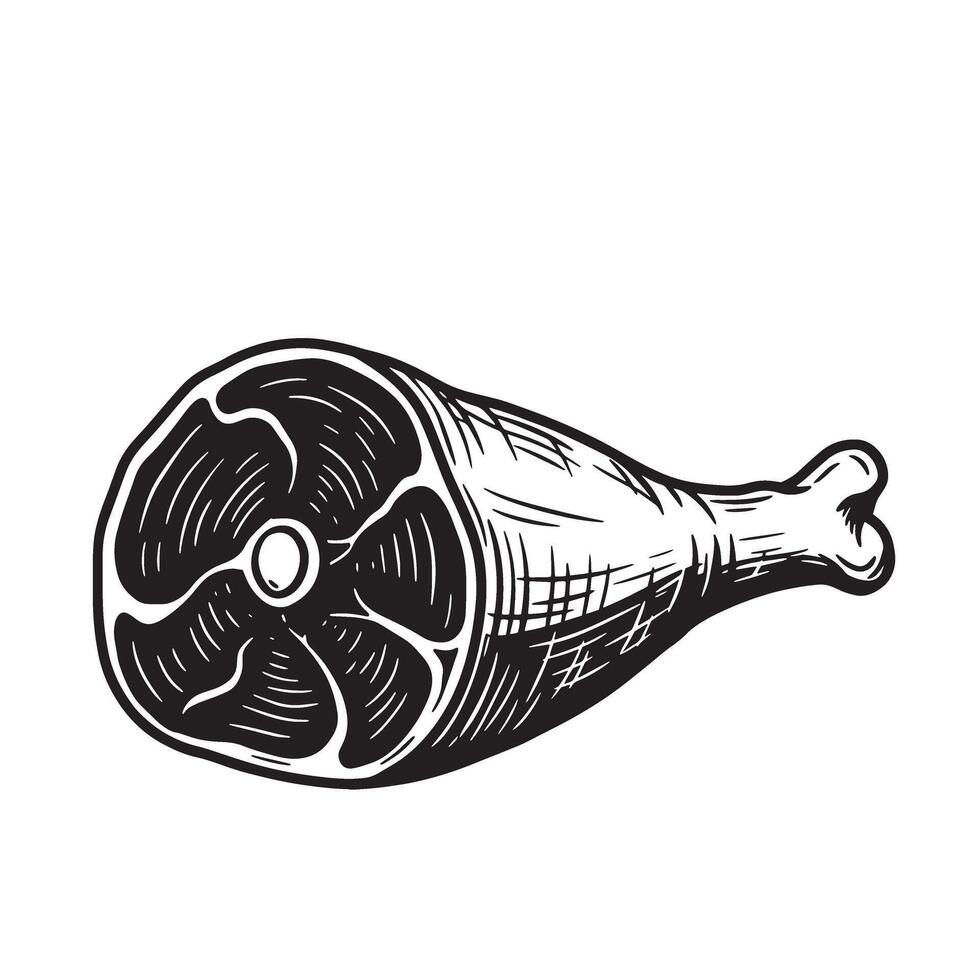 Artistic vintage art silhouette of a roasted pork leg depicting a delicious cut of meat with intricate engraved lines and a clear bone structure. vector