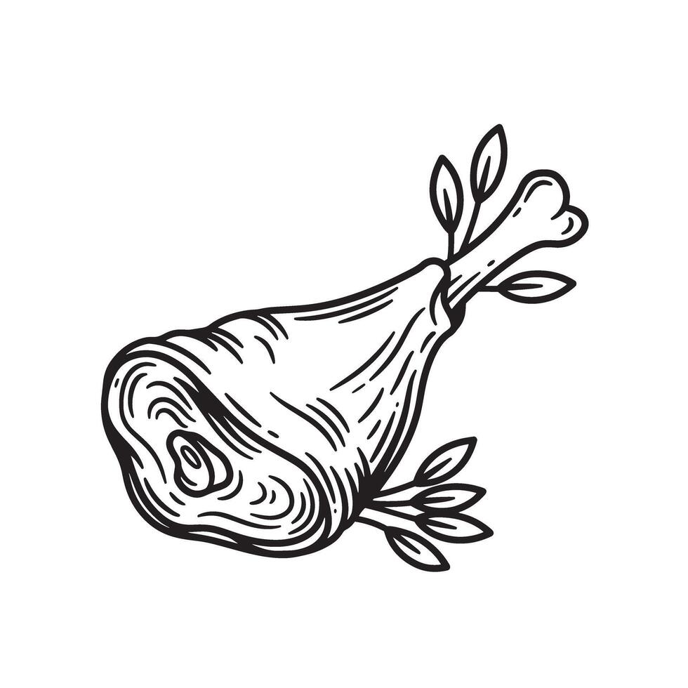 Hand drawn illustration of a vintage silhouette style cooked meat leg and bone with decorative leaves graphic art. vector