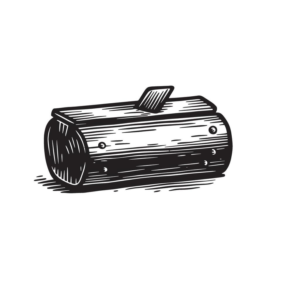 Engraved illustration of a rustic log with a handle presenting a vintage art silhouette for design projects vector