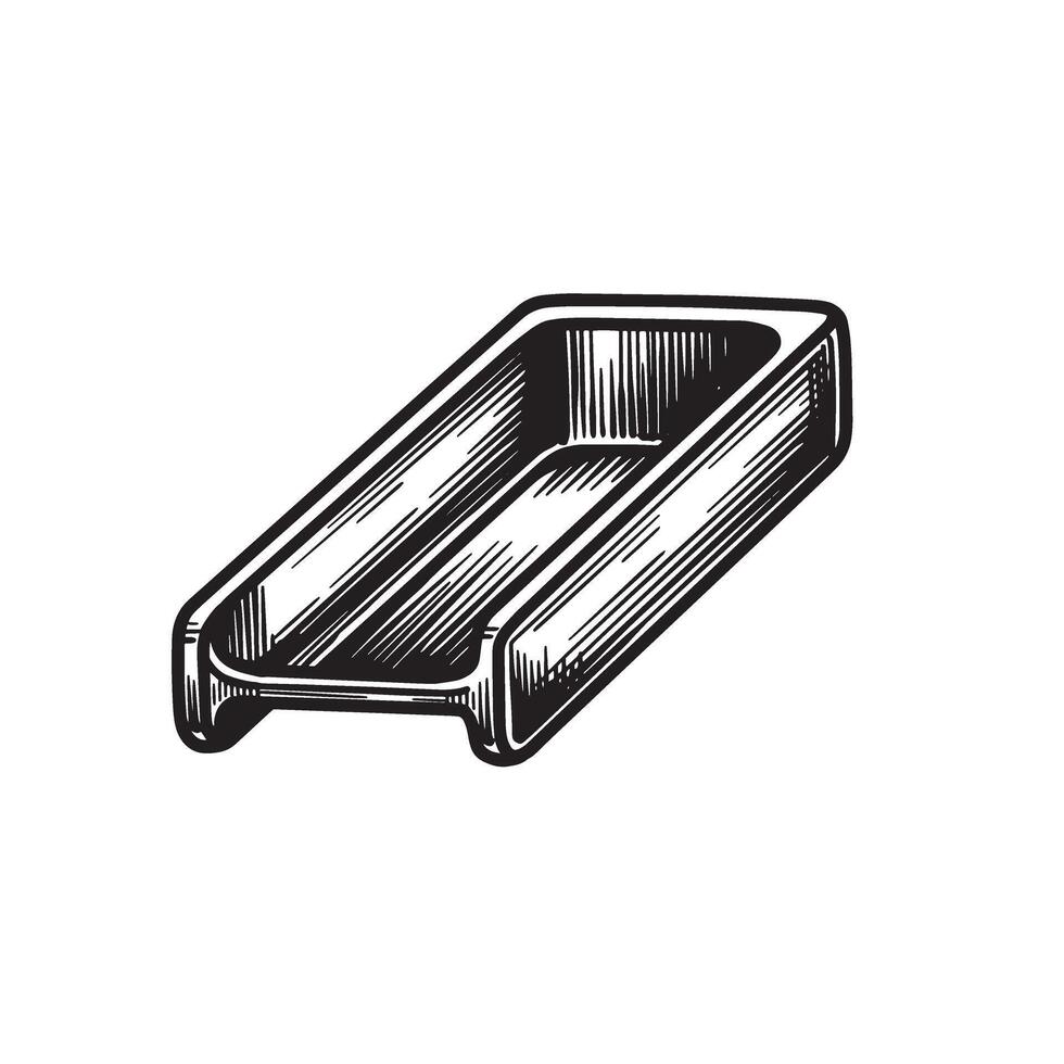 Detailed vintage art style depiction of a metal trough with a black and white silhouette illustration. vector
