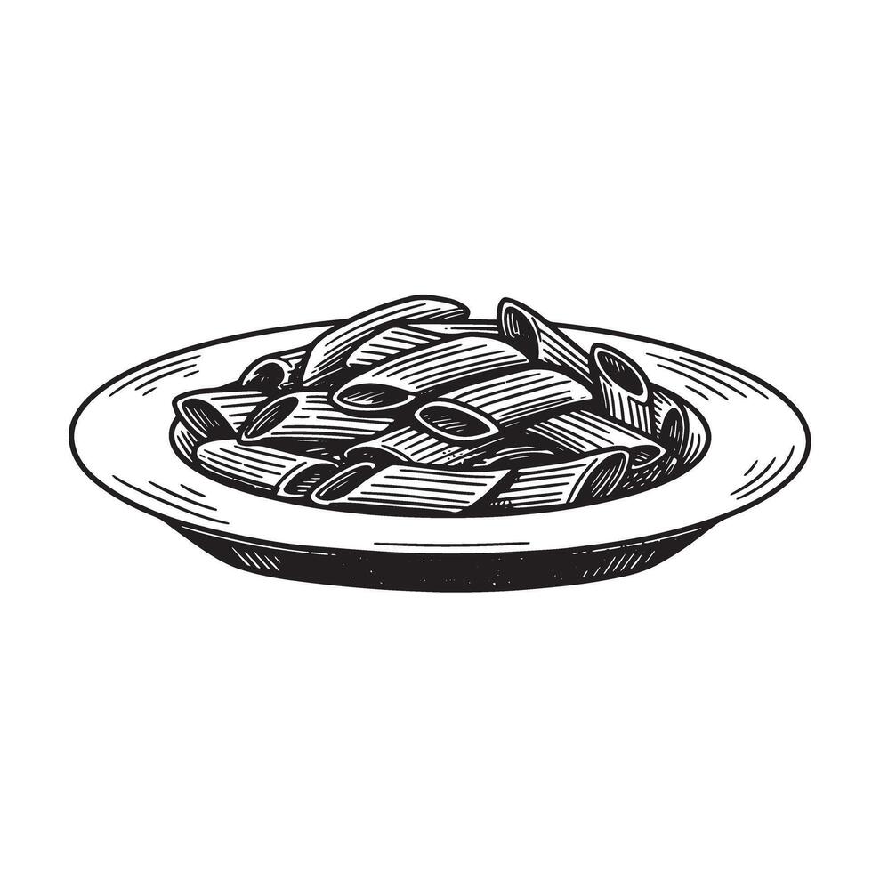 Penne pasta served on a plate vintage art silhouette in black and white suitable for culinary designs vector