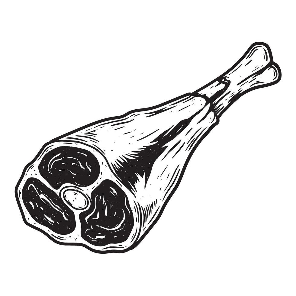 Detailed vintage art silhouette of a roasted meat leg cut with bone isolated on white background vector
