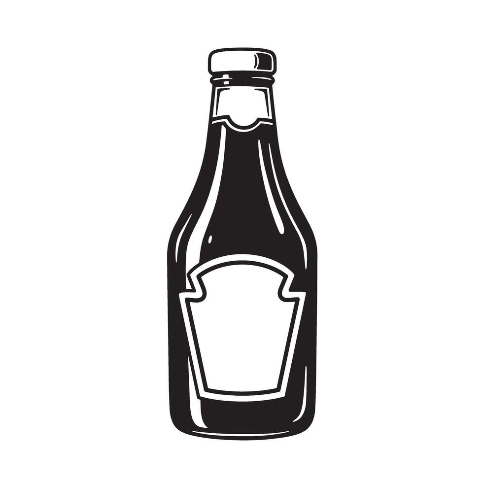 A classic black and white silhouette depiction of a ketchup bottle featuring a retro vintage design perfect for food related graphic projects. vector