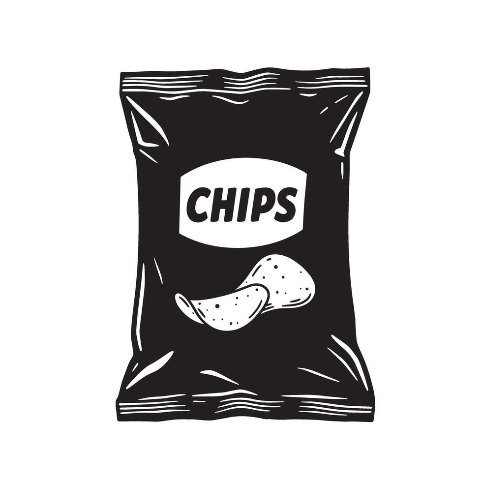 A stylized illustration showcasing a black chips bag with white text and chip graphics evoking a vintage art silhouette vector