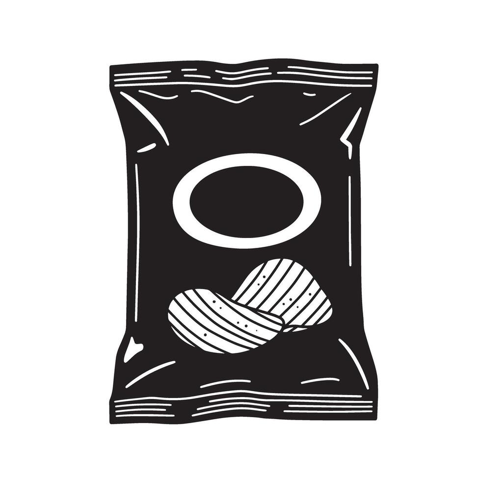 A stylish illustration of a black and white potato chip bag featuring crisps suitable for branding purposes and food-related graphic design projects vector