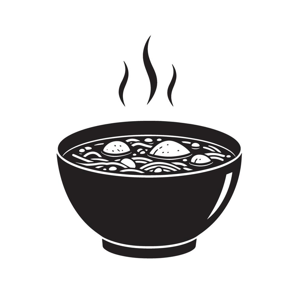 A monochromatic vintage art silhouette of a warm steaming bowl of soup filled with noodles and dumplings a comforting culinary image vector