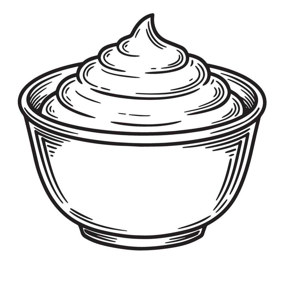 A detailed vintage art illustration showing a bowl filled with whipped cream in a silhouette style perfect for culinary or design projects. vector