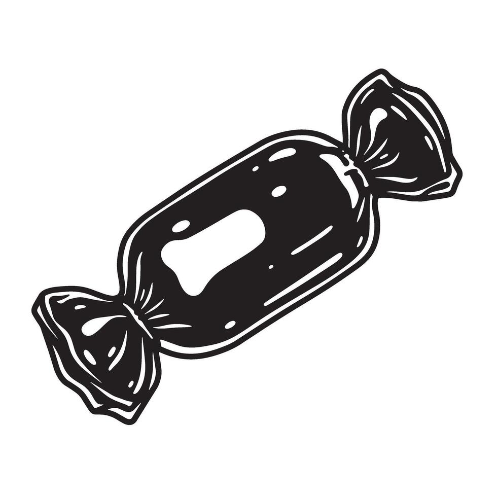 A classic black and white vintage art silhouette illustration of a wrapped candy sweet treat with a retro style vector