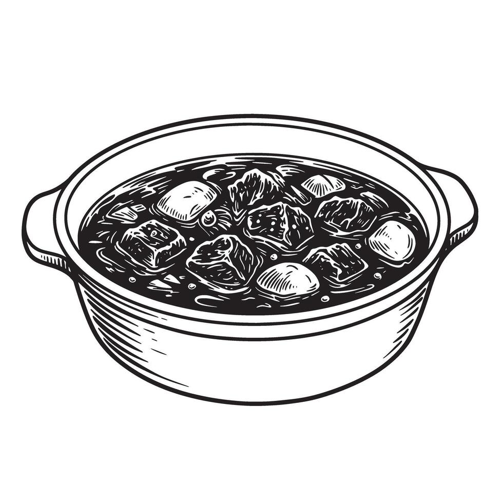Classic illustration of a hearty stew in a ceramic pot representing culinary comfort and traditional food with a vintage art silhouette vector
