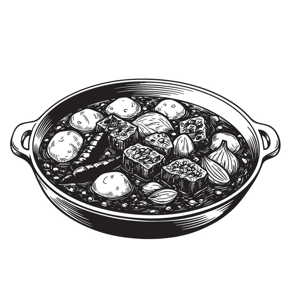 A vintage art silhouette of a hearty stew with various ingredients cooked in a bowl featuring potatoes onions garlic and more vector