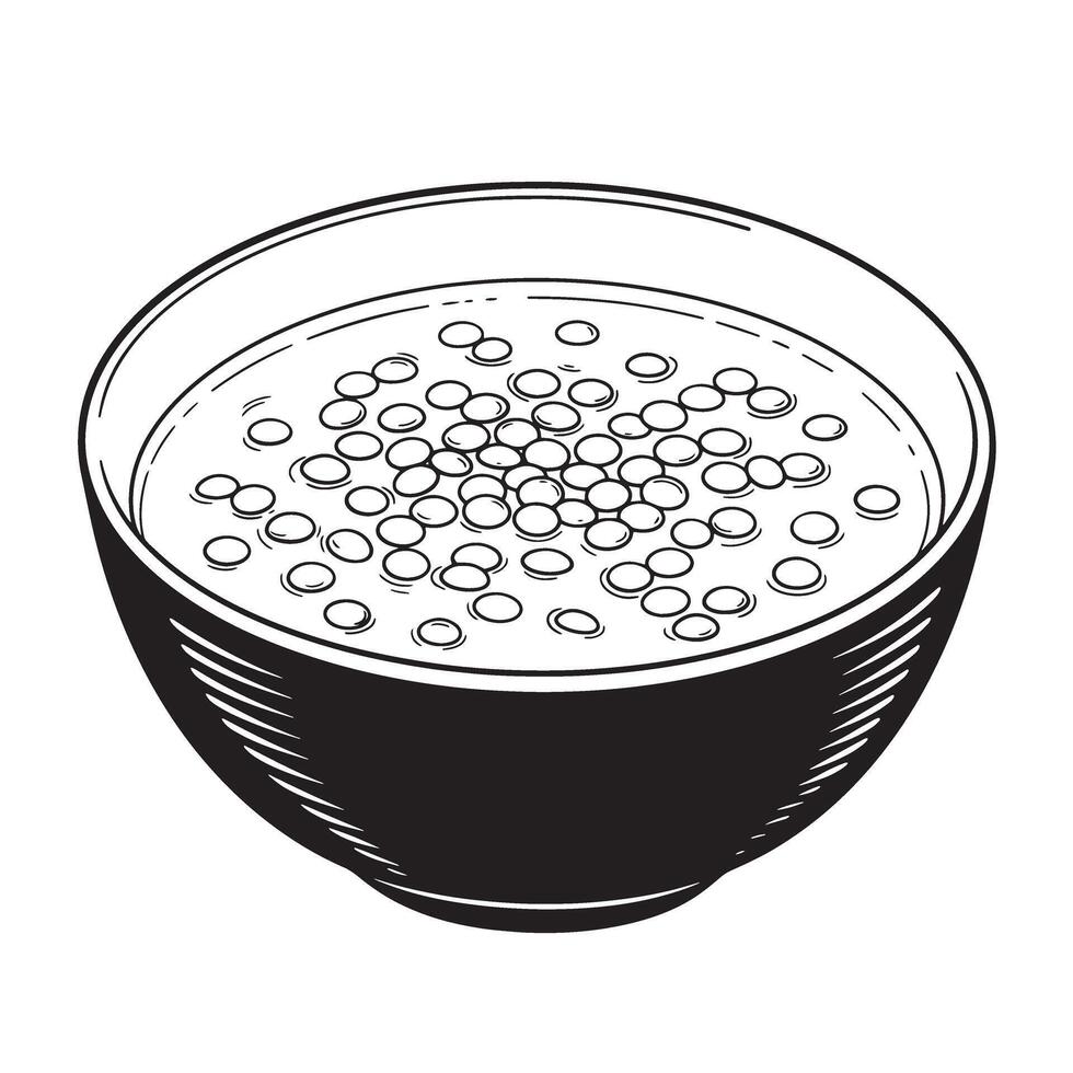 An elegant black and white vintage art silhouette illustration of a bowl of soup with floating bubbles depicts culinary delight. vector