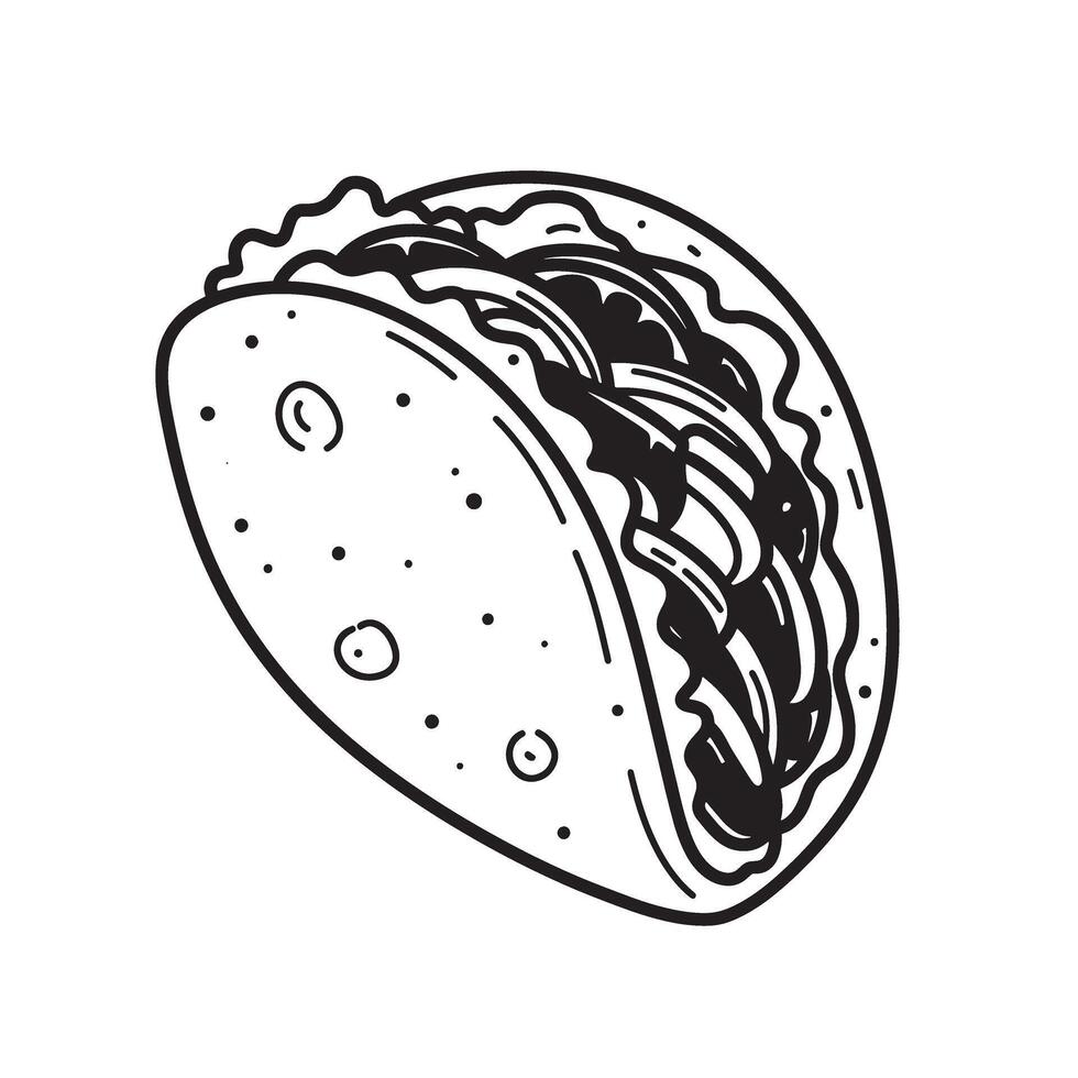 Black and white line art illustration of a delicious taco with filling perfect for menus and culinary graphics vector