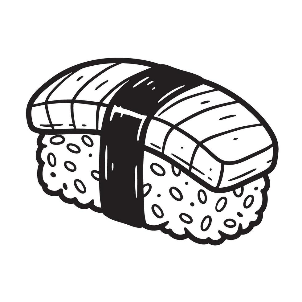 A stylized black and white vintage art silhouette illustration of a piece of nigiri sushi a popular japanese cuisine staple. vector
