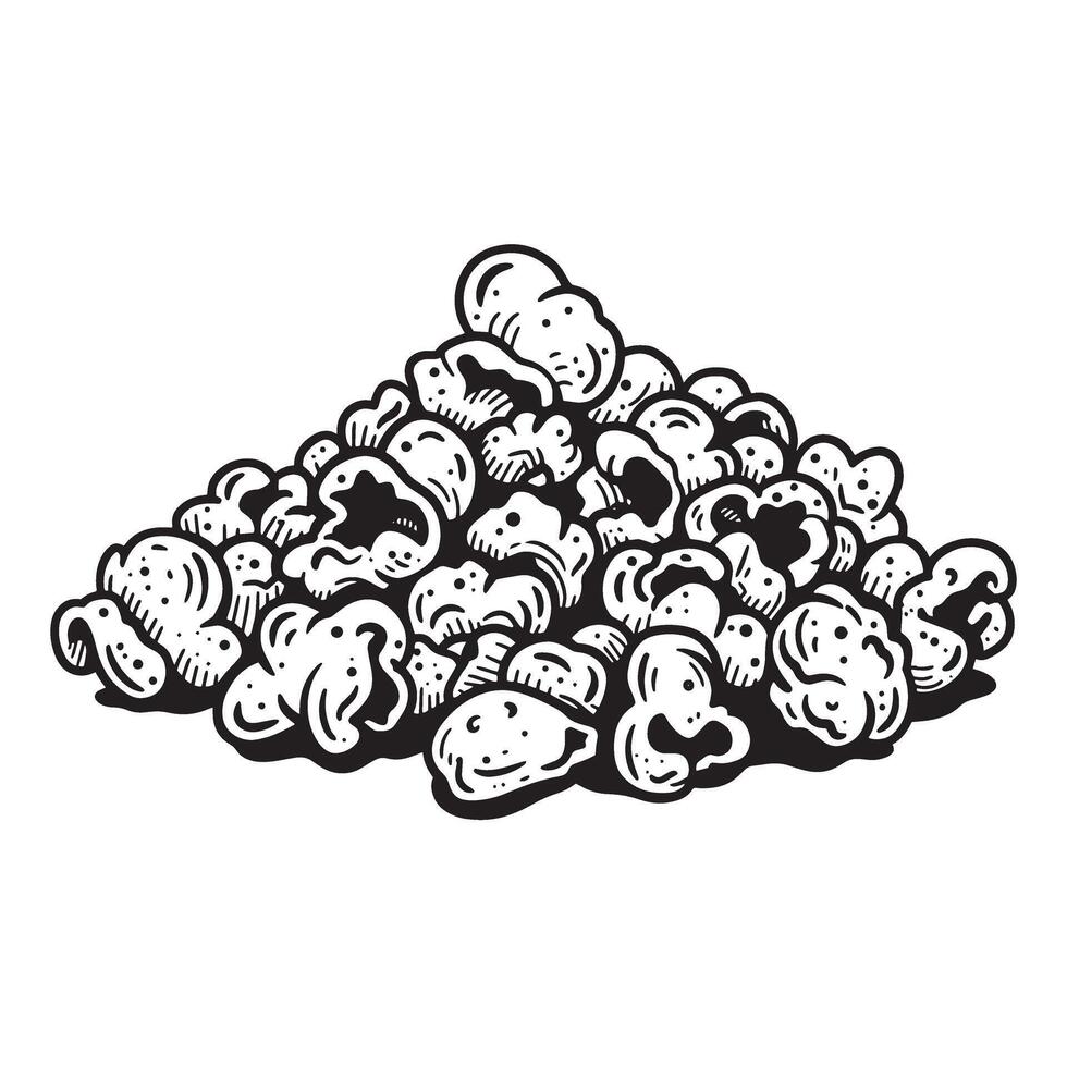 A black and white vintage art silhouette illustration depicting a delicious pile of popcorn perfect for cinema and snack related designs vector
