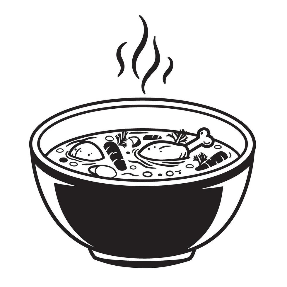 A vintage art silhouette illustration of a hot bowl of chicken noodle soup ready to serve with steam rising upwards vector