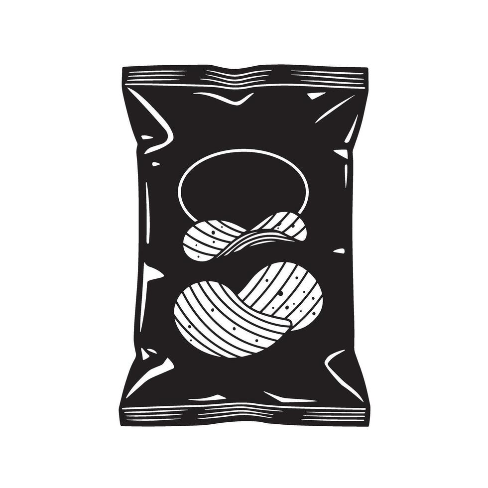 Black and white vintage art silhouette of a potato chip bag depicting crispy snacks ready for enjoyment vector