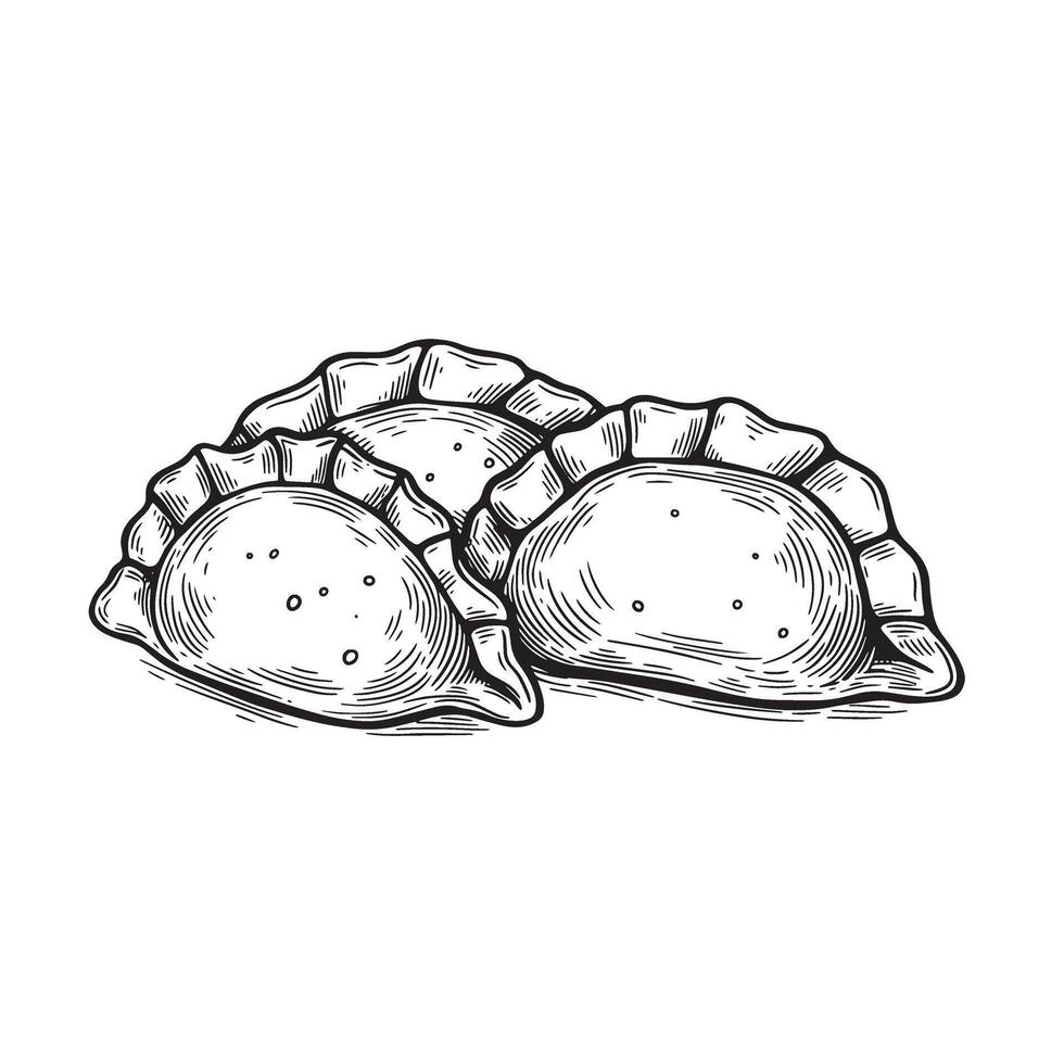Classic hand drawn illustrations of traditional polish pierogi dumplings in vintage art silhouette style. vector