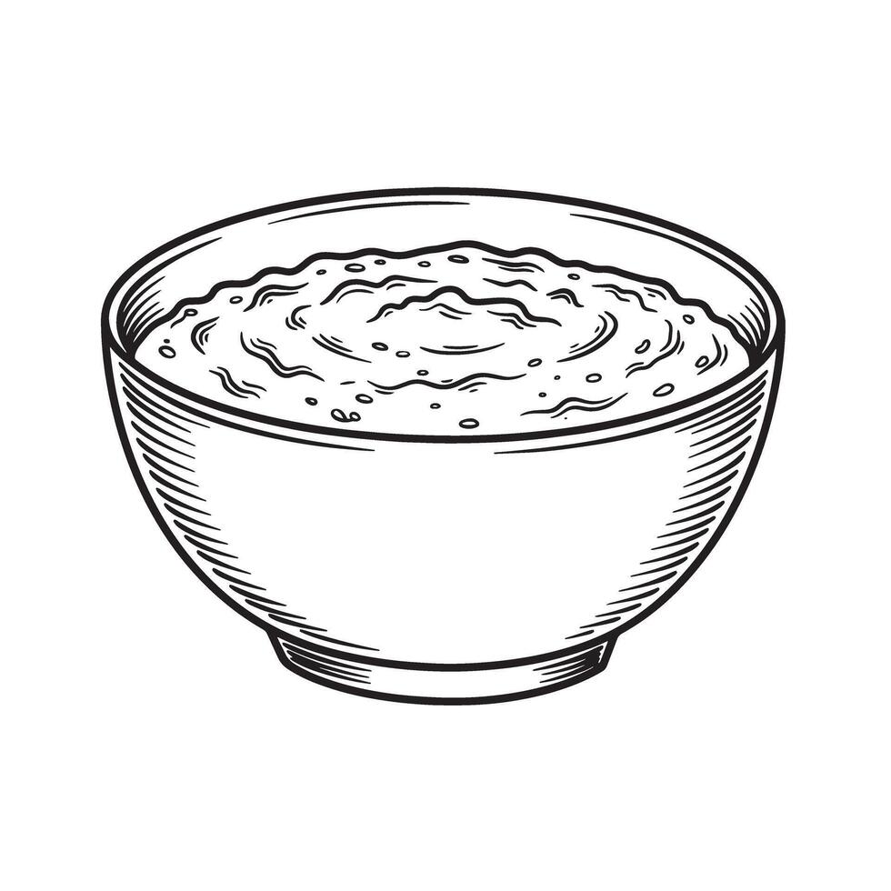 A detailed vintage art silhouette illustration of a bowl filled with creamy oatmeal or porridge perfect for a healthy breakfast or brunch. vector