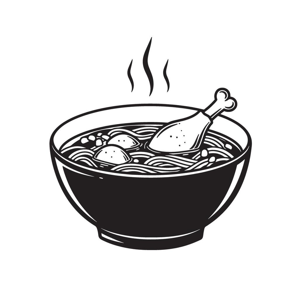 Delicious bowl of hot chicken soup featuring chicken leg and meatballs in a warm steaming bowl of broth vintage art silhouette. vector