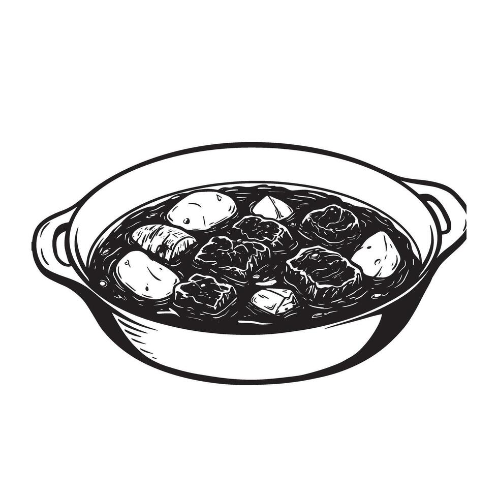Vintage art silhouette depicting a delicious stew of meat and potatoes served in a rustic oval dish illustrating home cooked food vector