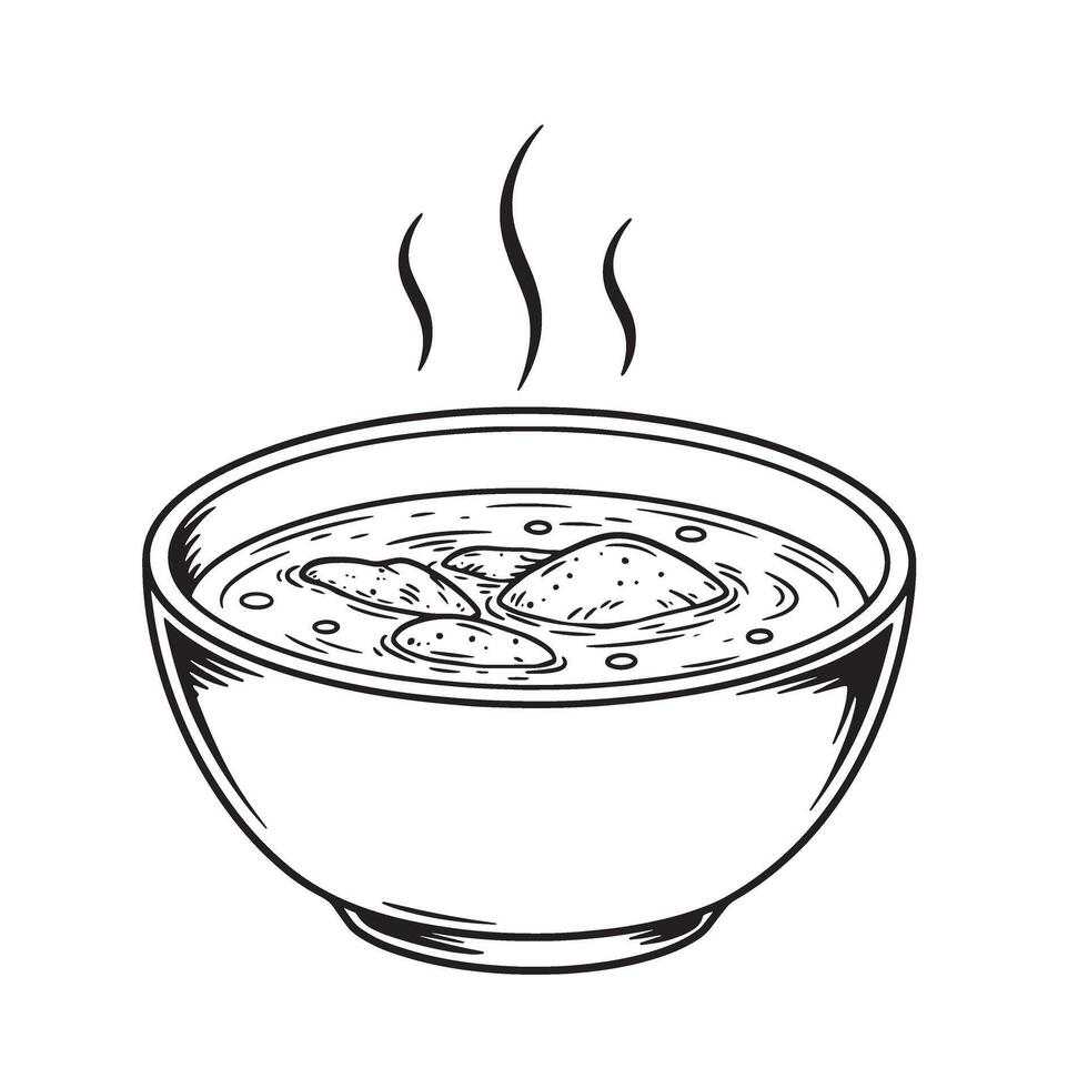 Hand drawn artwork of a delicious bowl of steaming soup complete with dumplings perfect for menus and culinary design vector