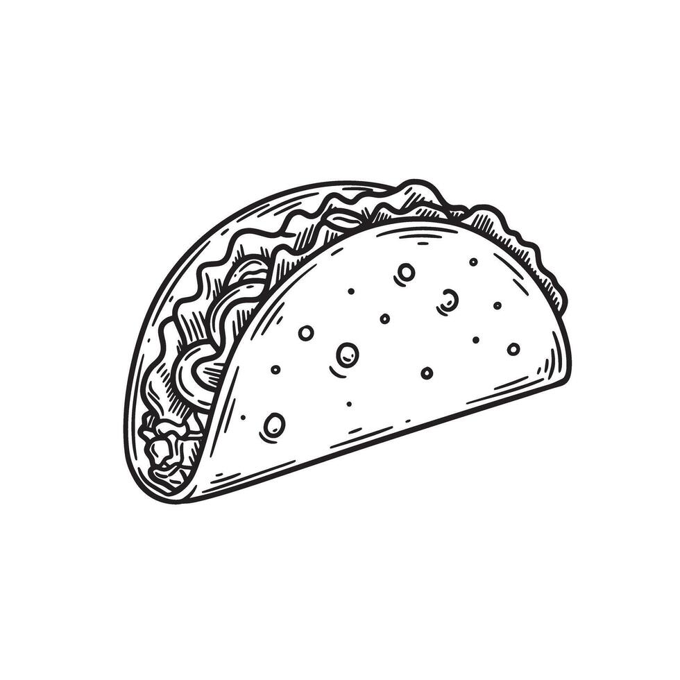 Hand drawn vintage art silhouette of a delicious taco with fillings depicting classic mexican cuisine for various uses vector