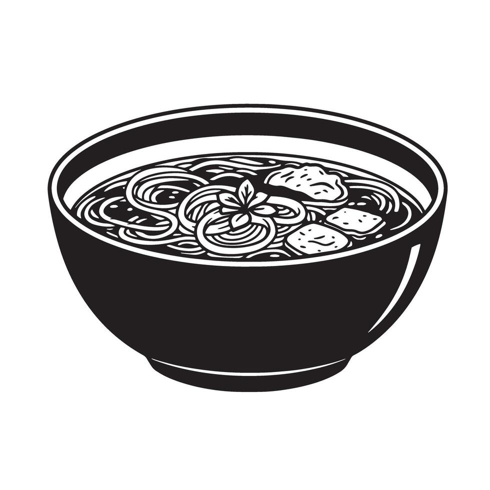 Delicious bowl of noodle soup with fresh herbs and vegetables a classic asian cuisine dish vintage art silhouette vector