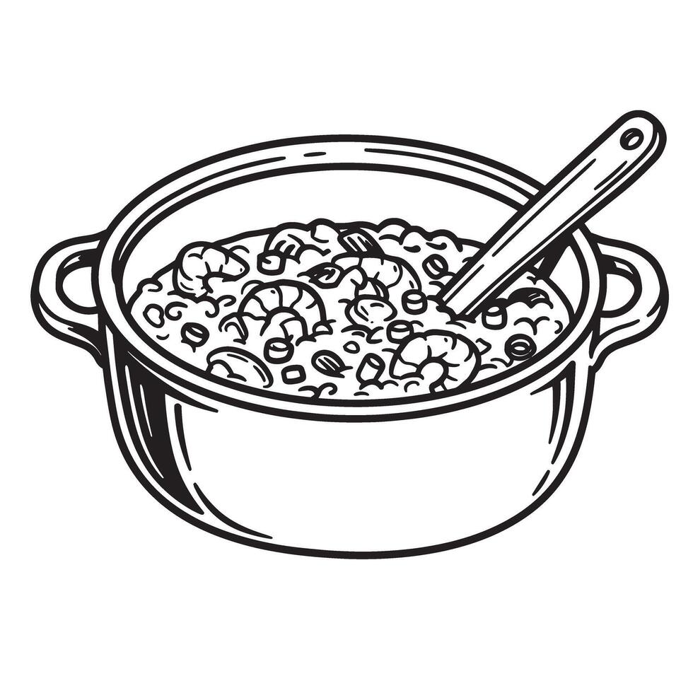 Hand drawn illustration of a flavorful shrimp stew served in a cooking pot with a wooden spoon ready for eating in vintage art silhouette style. vector