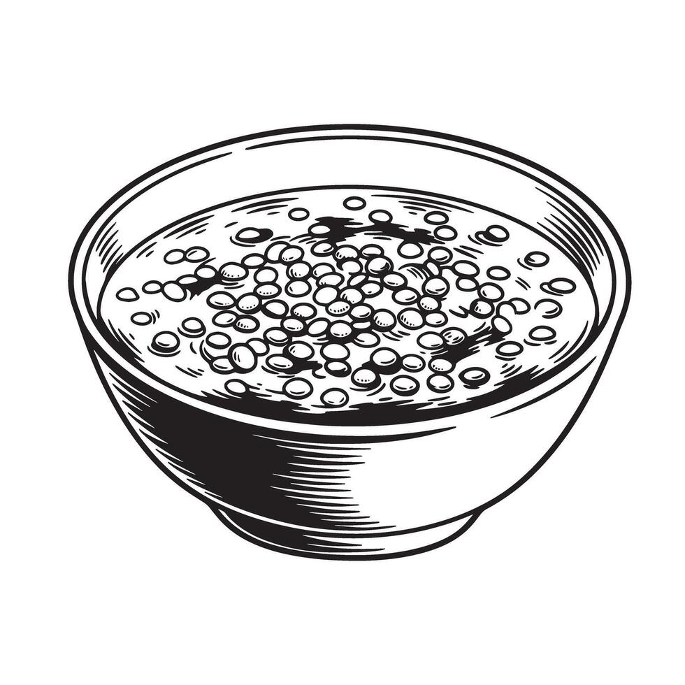 Detailed vintage art style black and white illustration of a bowl filled with soup or stew and lentils perfect for food related designs vector