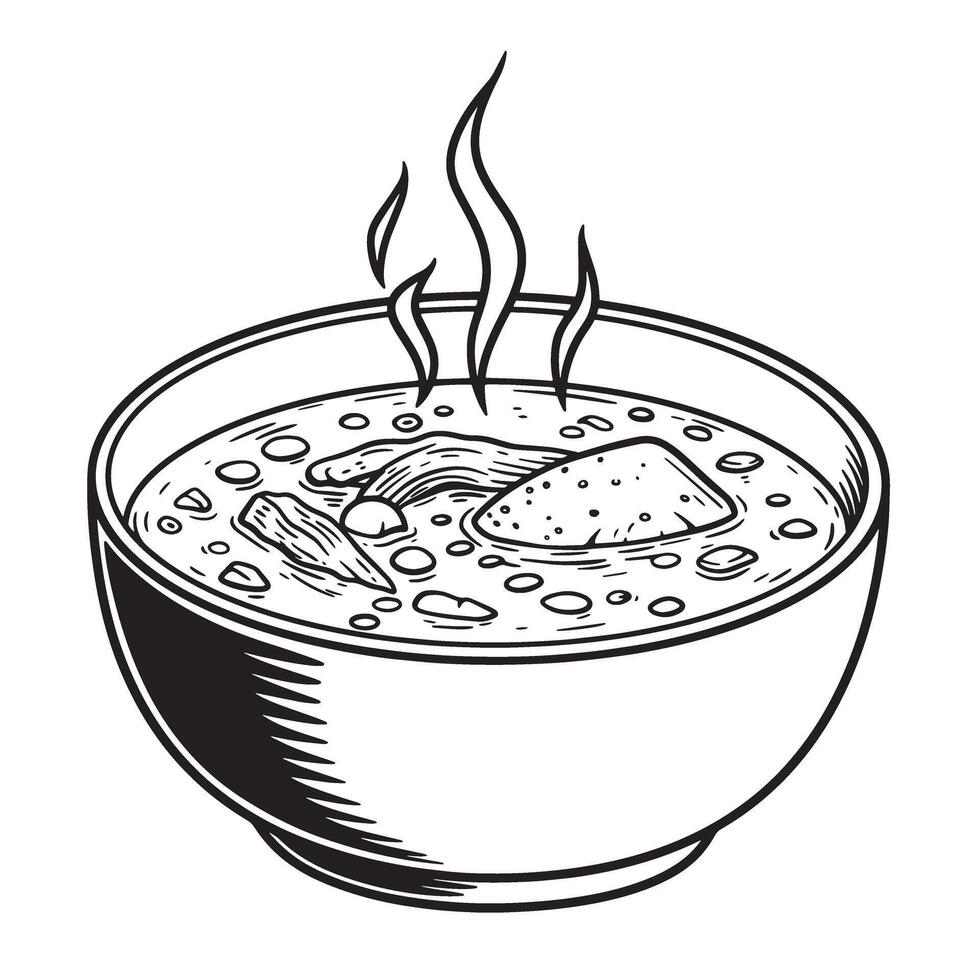 Steaming bowl of hearty soup a delicious vintage art silhouette culinary illustration perfect for food blogs and menu designs. vector