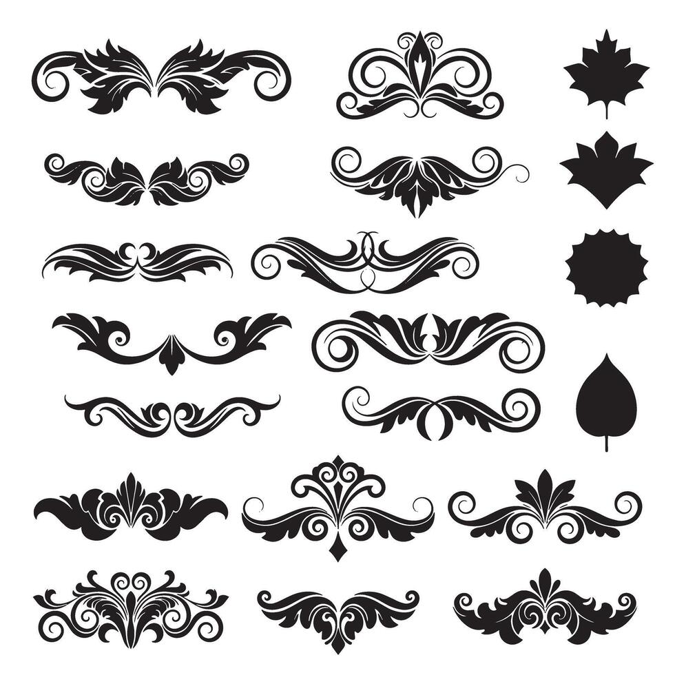 Collection of vintage art silhouette ornament borders and decorative leafy elements in a stylish black and white design vector