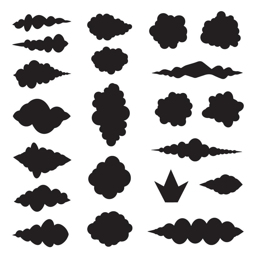 A collection of black silhouette cloud and smoke elements providing a decorative vintage art style for design vector