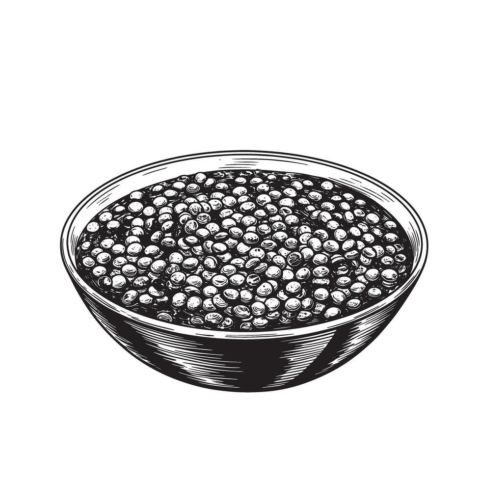 A vintage art silhouette illustration of a bowl filled with lentils depicting food nutrition and health vector