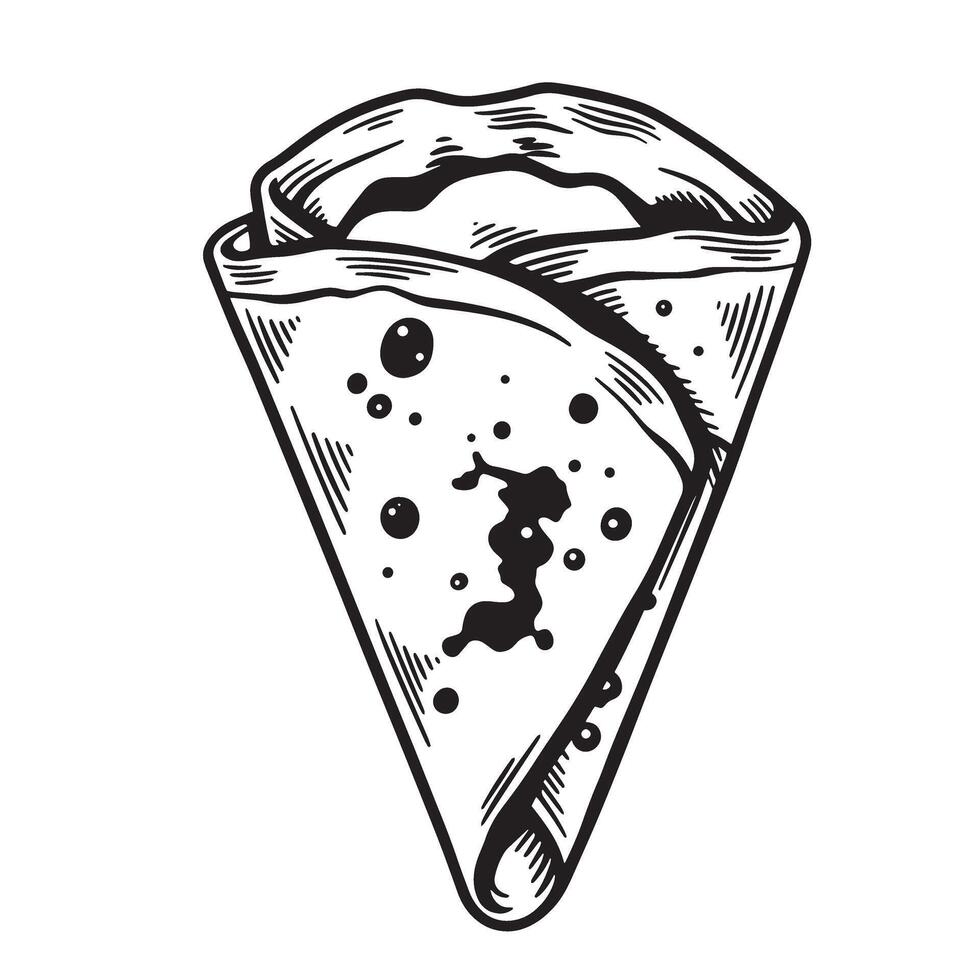 A detailed black and white vintage art silhouette illustration of a delicious crepe with a generous filling displayed in an eye-catching design. vector