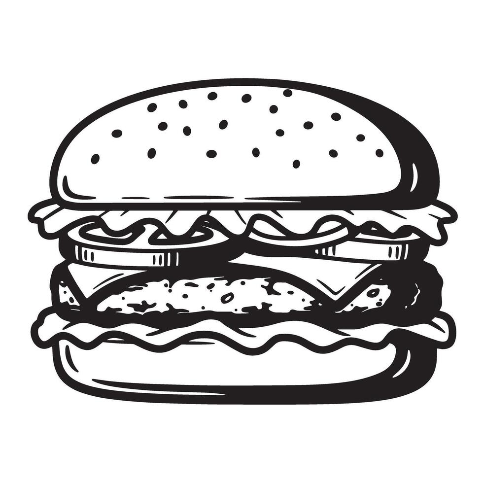Classic illustration of a detailed and delicious hamburger sandwich perfect for food designs and vintage art silhouette projects. vector