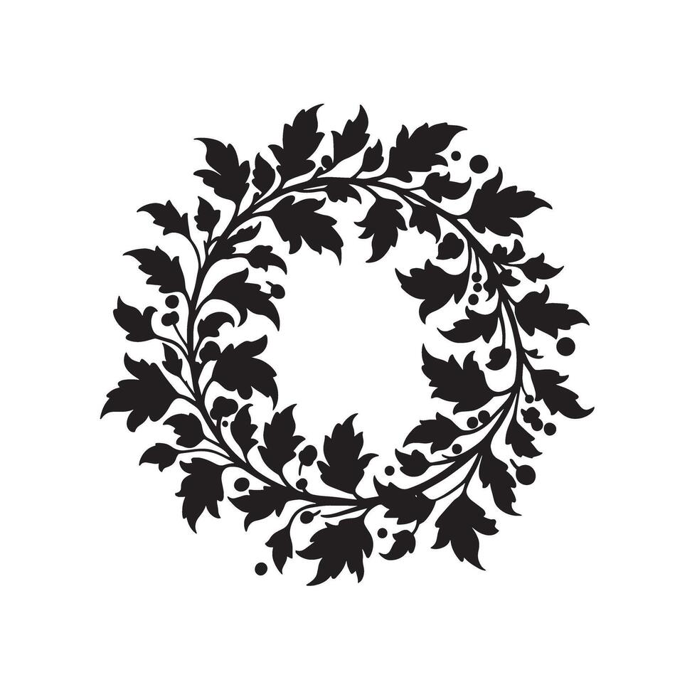 Elegant vintage art silhouette floral wreath design with detailed leaves and berries perfect for decorative elements vector