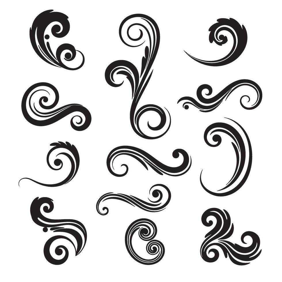 Elegant set of black vintage art silhouette flourishes and swirly design elements isolated on a white background vector