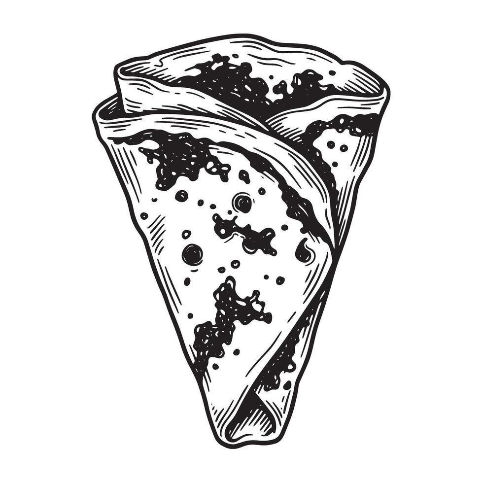 Detailed vintage art silhouette of a delicious filled crepe in a cone shape depicting a classic dessert item for culinary design and food-related projects vector