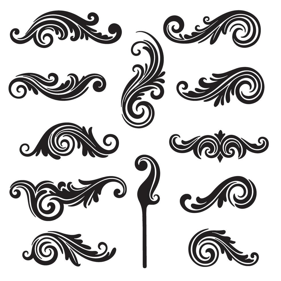 Elegant collection of black vintage art silhouette flourishes and swirls decorative design elements isolated on white background vector