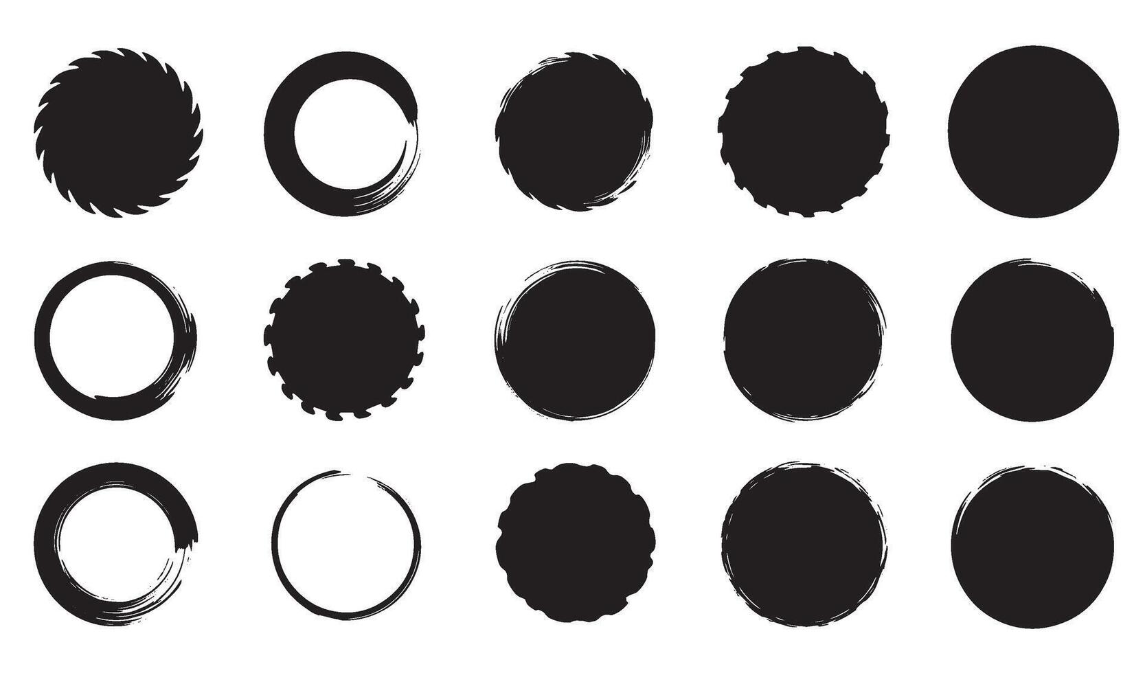 Abstract black circle icon set variations with brush strokes and decorative shapes vector